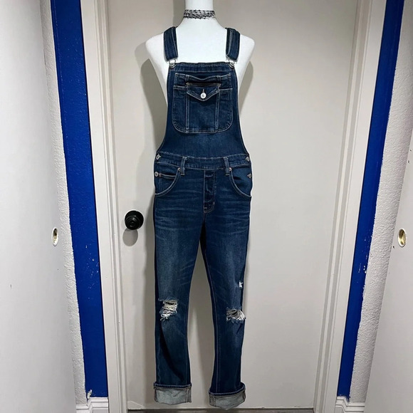 Dark wash blue denim overalls with distressed details and adjustable straps - S - Picture 2 of 4